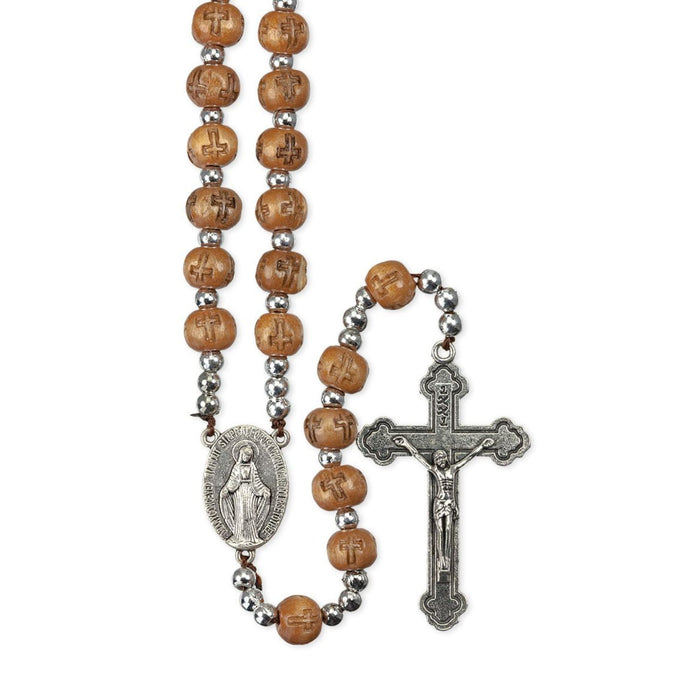 Rosary Light Brown Carved Cross Wood Bead