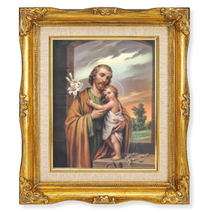 St Joseph with Inner Linen Border in 12" x 14" Antique Gold Frame