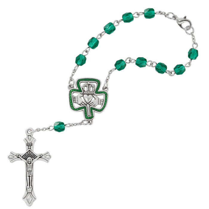 AUTO ROSARY - IRISH - CLADDAGH IN SHAMROCK