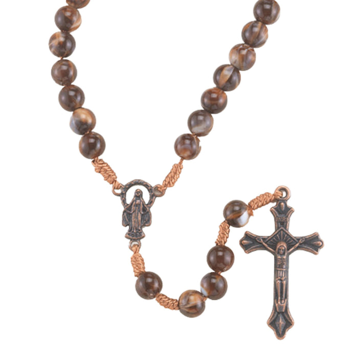 ROSARY - MARBLEIZED 7MM DARK BROWN BEADS - ANTIQUE COPPER CRUCIFIX