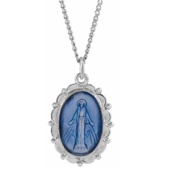 MIRACULOUS MEDAL - SS AND BLUE ENAMEL 21 X 15 MM - 18" CHAIN