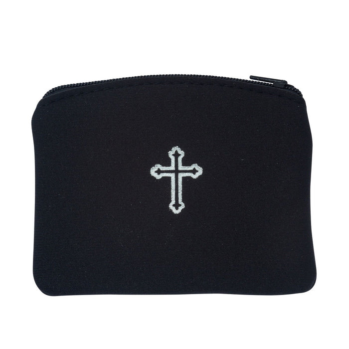ROSARY CASE BLACK NEOPRENE WITH SILVER CROSS