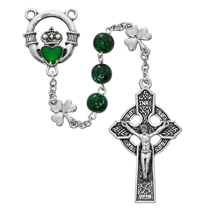 IRISH ROSARY - 8mm GREEN GLASS - SHAMROCKS & CLADDAGH