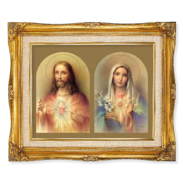 Sacred Hearts with Inner Linen Border in 15" x 18" Antique Gold Frame