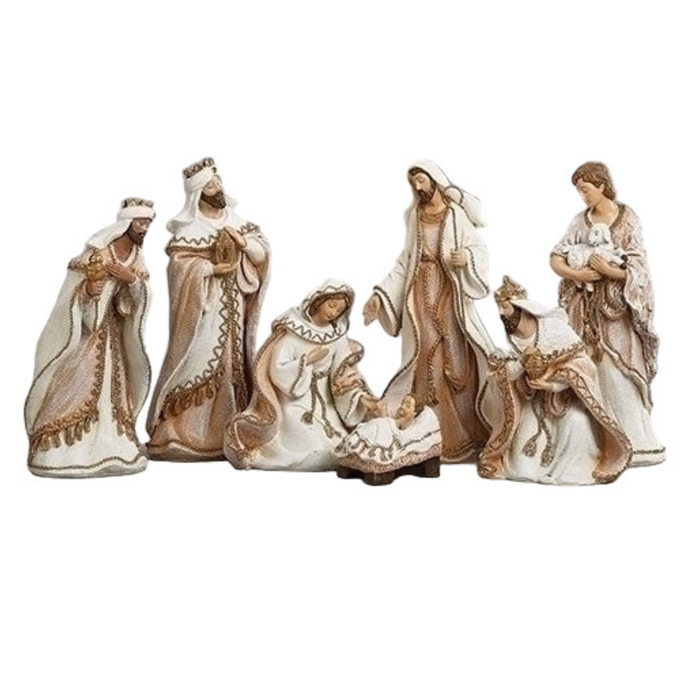 Nativity 7 Piece Set 8.5" High Woven Gold Trim Fabric Look