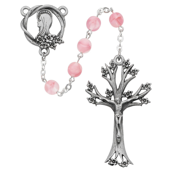 ROSARY - 7MM ROSE GLASS BEADS - DOGWOOD PEWTER CRUCIFIX AND CENTER
