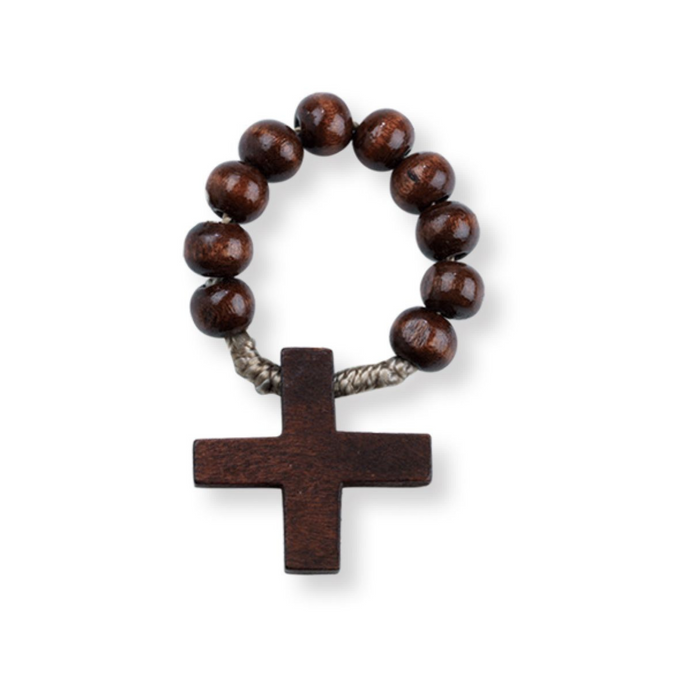 Rosary Ring Dark Brown Wood with Cross