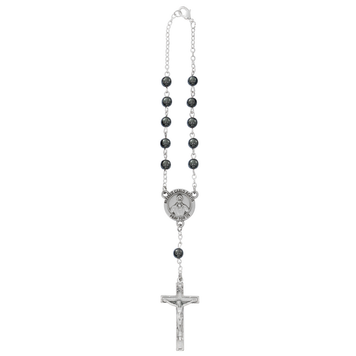 St Carlo Acutis Hematite Bead Auto Rosary