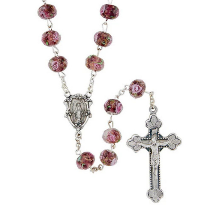 Rosary Hand Painted Roses in Amethyst 10mm Beads