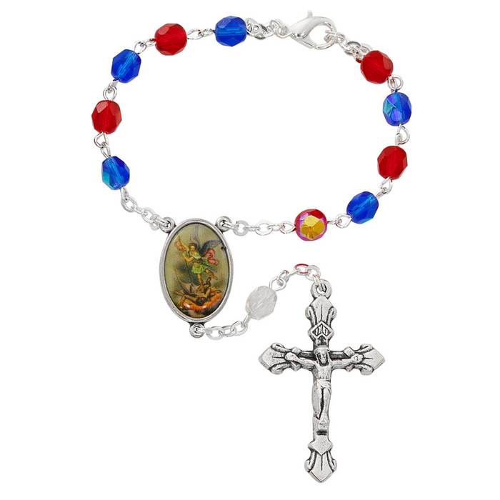 AUTO ROSARY - ST MICHAEL - RED & BLUE GLASS