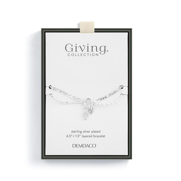 Heart and Cross Silver Charm Layered Bracelet 6.5in