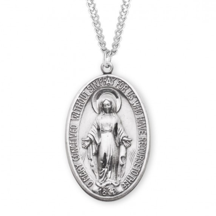 Miraculous Medal Plain Style Oval Sterling Silver on 27" Chain