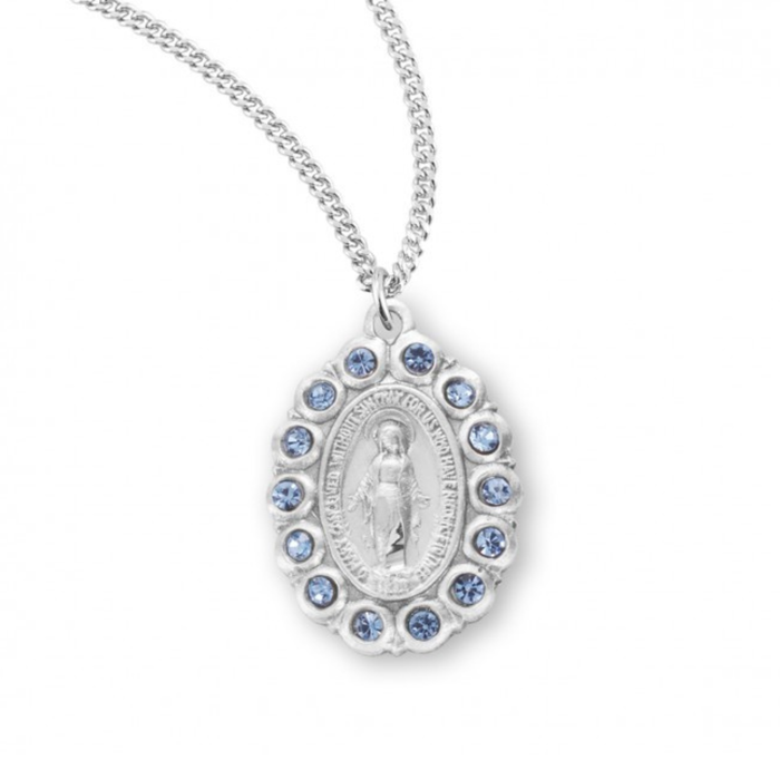 MIRACULOUS MEDAL - SS & 7/8" BLUE SWAROVSKI OVAL FRAME  - 18" CHAIN