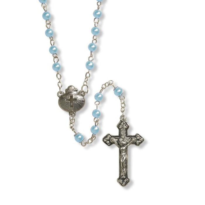 ROSARY - 5MM BLUE IMITATION PEARL - SHELL WITH CROSS CENTER