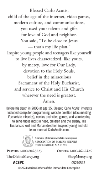 St Carlo Acutis Prayer Card