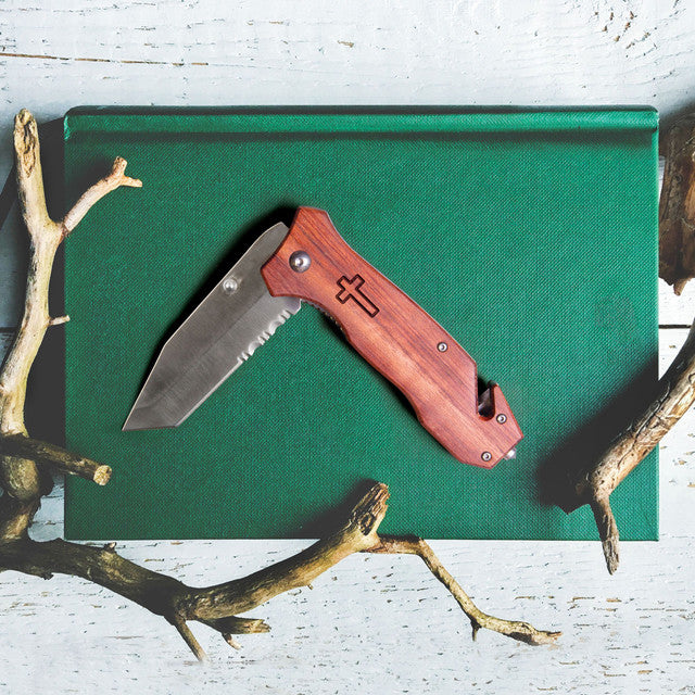 Pocket Knife Cross on Wood Handle