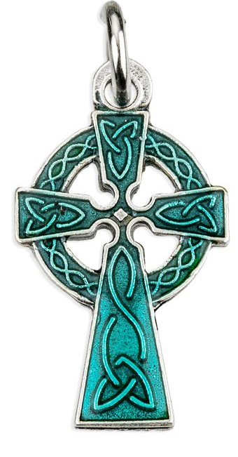 Celtic Cross Green Epoxied 7/8" Silver Oxidized