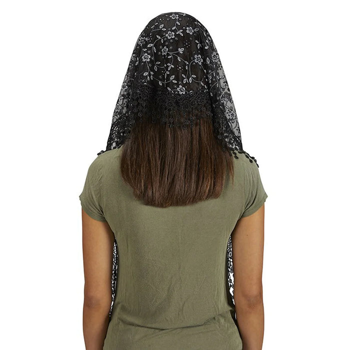CHAPEL VEIL - BLACK AND WHITE FLORAL LACE - TASSELS