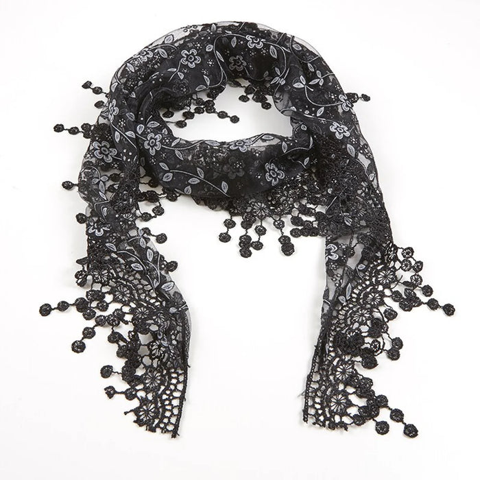 CHAPEL VEIL - BLACK AND WHITE FLORAL LACE - TASSELS