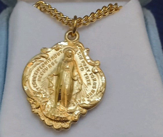 MIRACULOUS MEDAL - 16KT GOLD OVER SS - HAIL MARY - 24" CHAIN