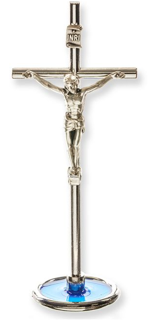 CRUCIFIX - 4" - STANDING - SILVER WITH A BLUE BASE