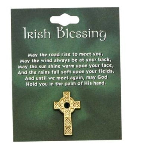 PIN - CELTIC CROSS - GREEN STONE - GOLD TONE FINISH