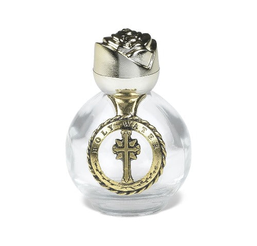 HOLY WATER BOTTLE - GOLD ROSE CAP AND CROSS - 2.5" GLASS