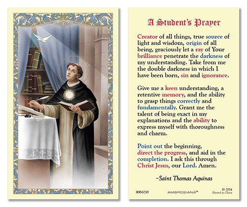 STUDENT'S PRAYER ST THOMAS AQUINAS HOLY CARD