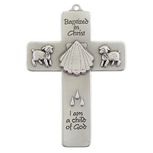 WALL CROSS - 5" - BAPTISM - PINK CRYSTALS ON PEWTER