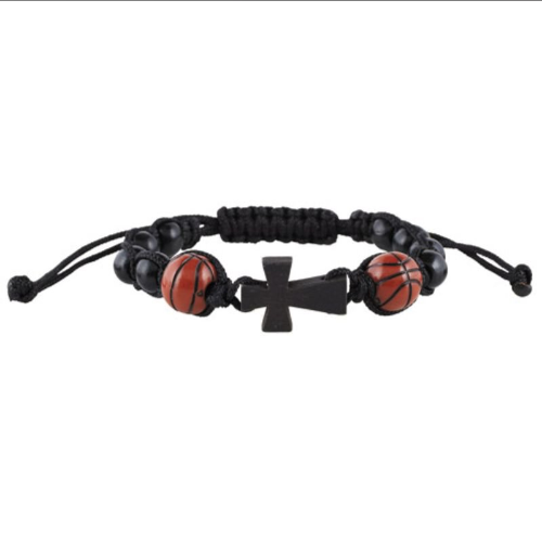 BRACELET - BASKETBALL & WOOD BEADS - ADJUSTABLE CORD