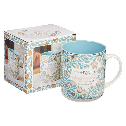 Coffee Mug My Grace is Sufficient in Teal and Gold