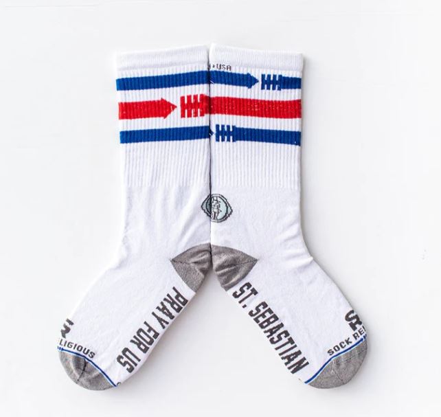 St Sebastian White with Blue & Red Adult Socks