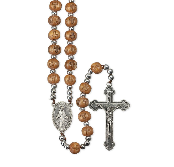 Rosary Light Brown Carved Cross Wood Bead