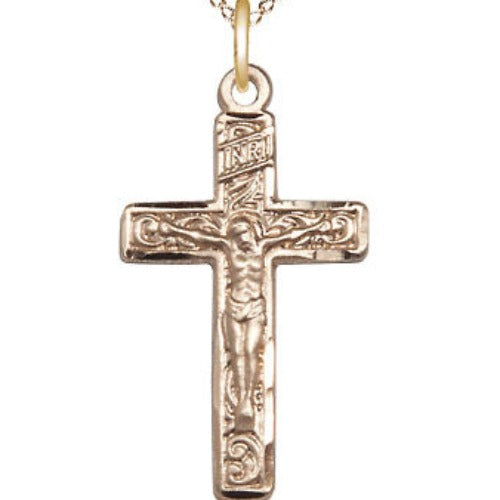 CRUCIFIX - 14KT GOLD FILLED  1" SWIRL DESIGN - 18" GOLD FILLED CHAIN