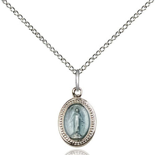 Child Miraculous Medal Sterling Silver with Blue Epoxy on 13" Chain