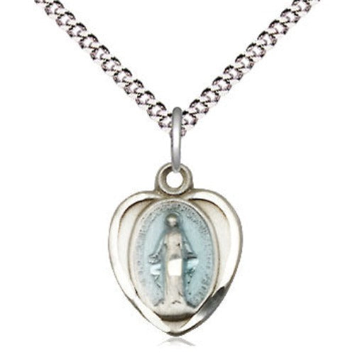 MIRACULOUS MEDAL - STERLING SILVER HEART WITH BLUE EPOXY - 18" CHAIN