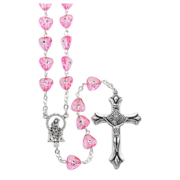 Pink Etched Heart Shaped Bead Rosary
