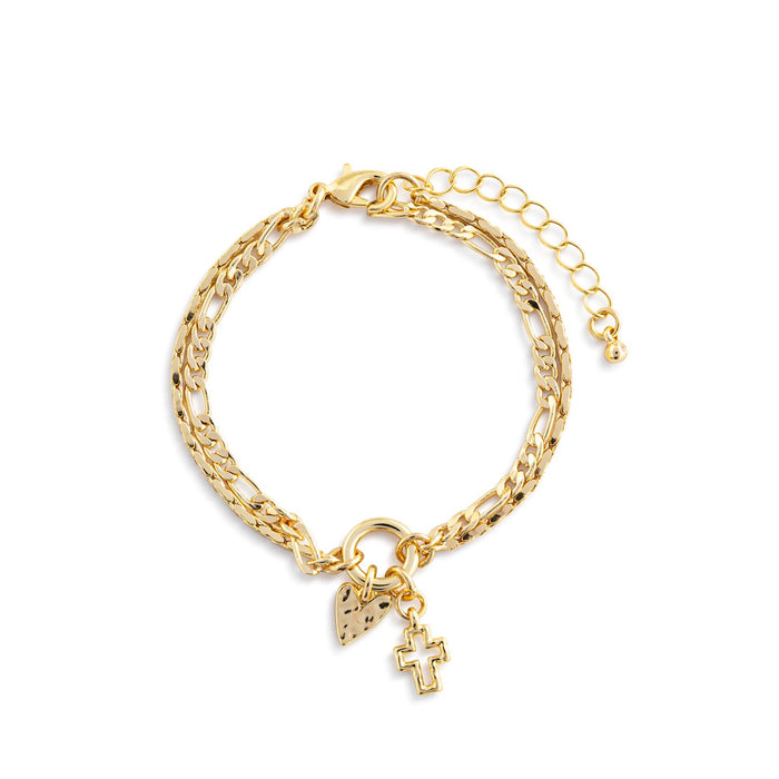 Layered Bracelet Heart and Cross Gold Charm