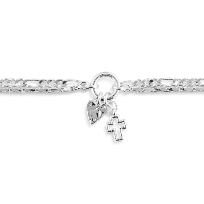 Heart and Cross Silver Charm Layered Bracelet 6.5in