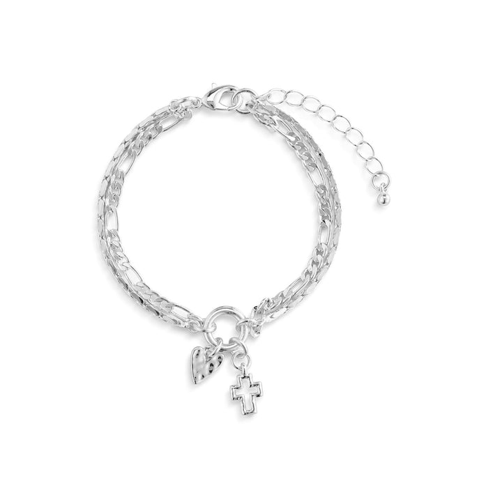 Heart and Cross Silver Charm Layered Bracelet 6.5in