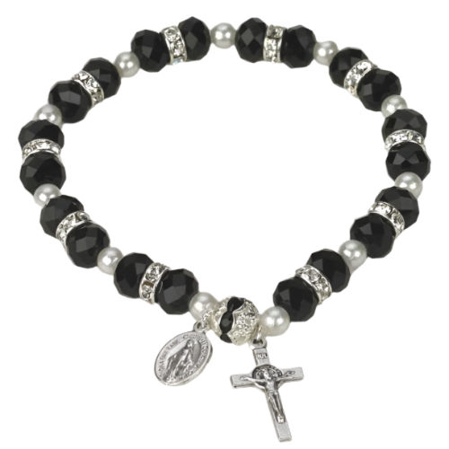 BRACELET - BLACK CRYSTAL - MIRACULOUS AND CRUCIFIX