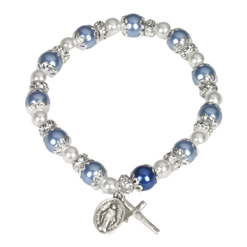 BRACELET - BLUE PEARLS - MIRACULOUS AND CRUCIFIX