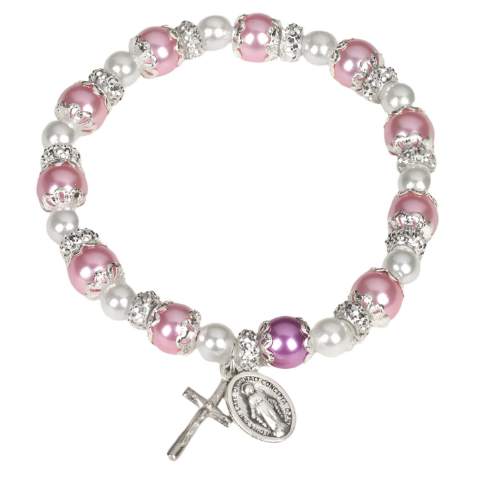 BRACELET - PINK PEARLS - MIRACULOUS AND CRUCIFIX