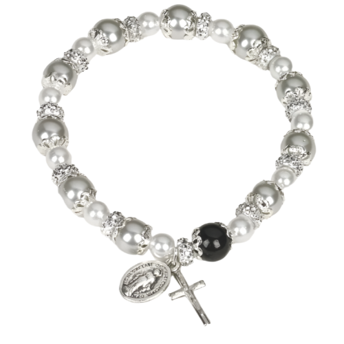 BRACELET - WHITE PEARLS - MIRACULOUS AND CRUCIFIX