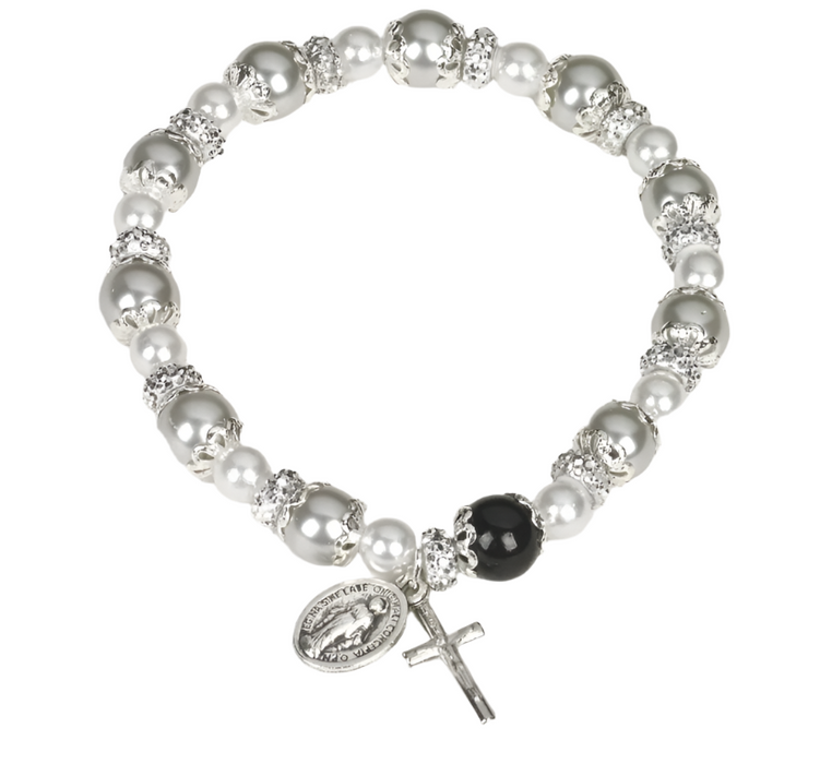 BRACELET - WHITE PEARLS - MIRACULOUS AND CRUCIFIX