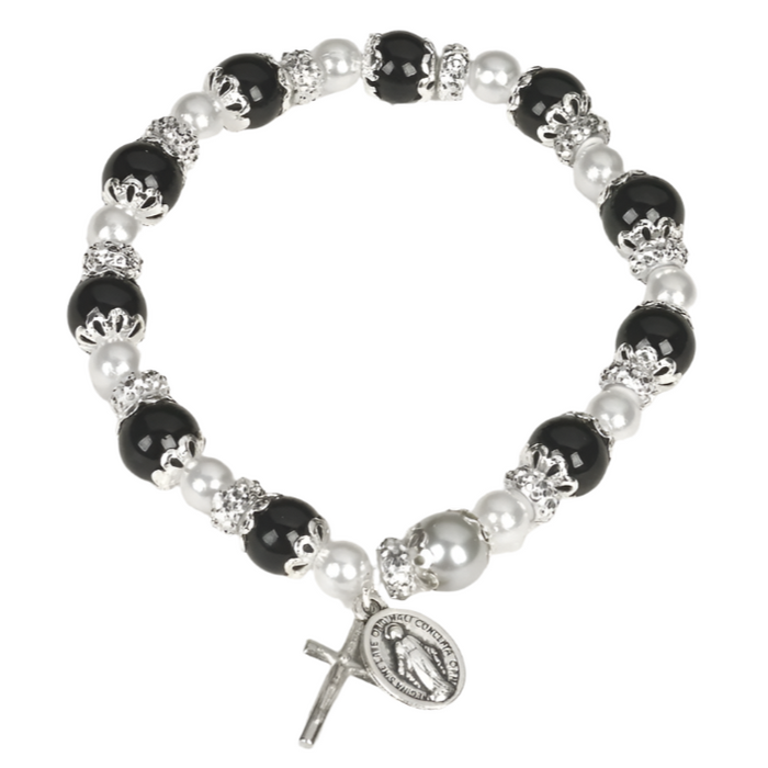 BRACELET - BLACK PEARLS - MIRACULOUS AND CRUCIFIX