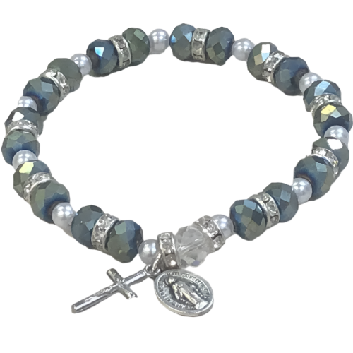 BRACELET - SMOKE SPARKLE BEADS - MIRACULOUS AND CRUCIFIX