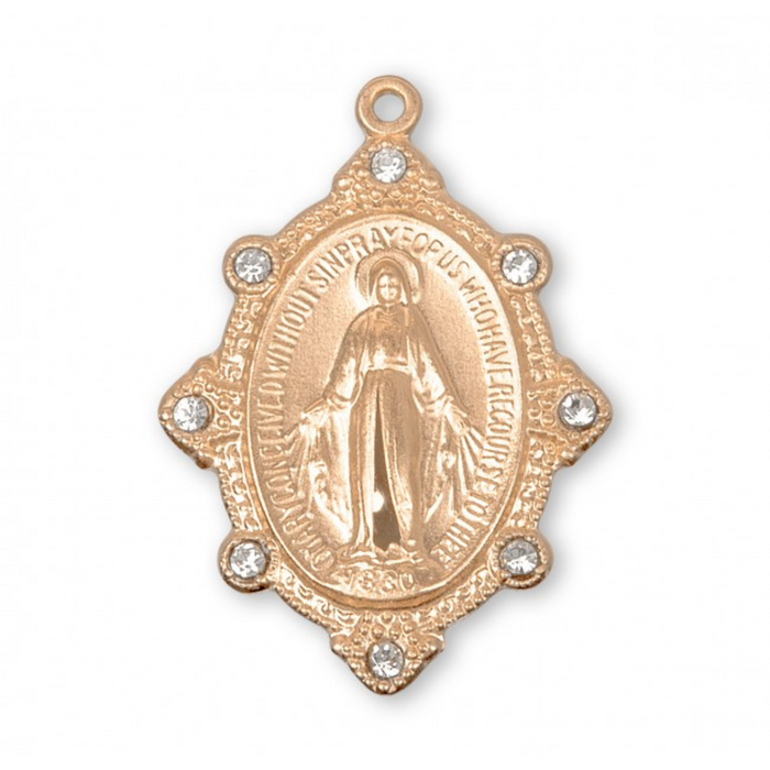 MIRACULOUS MEDAL - 1" GOLD OVER STERLING 8 AUSTRIAN CRYSTALS - 18" CHAIN