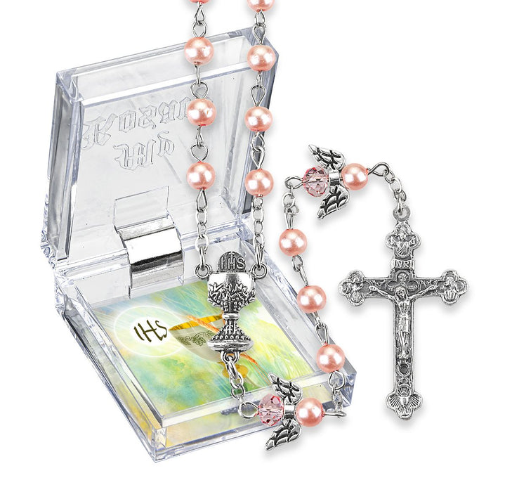 First Communion Rosary Pink with Angel Our Fathers Comes in Gift Box