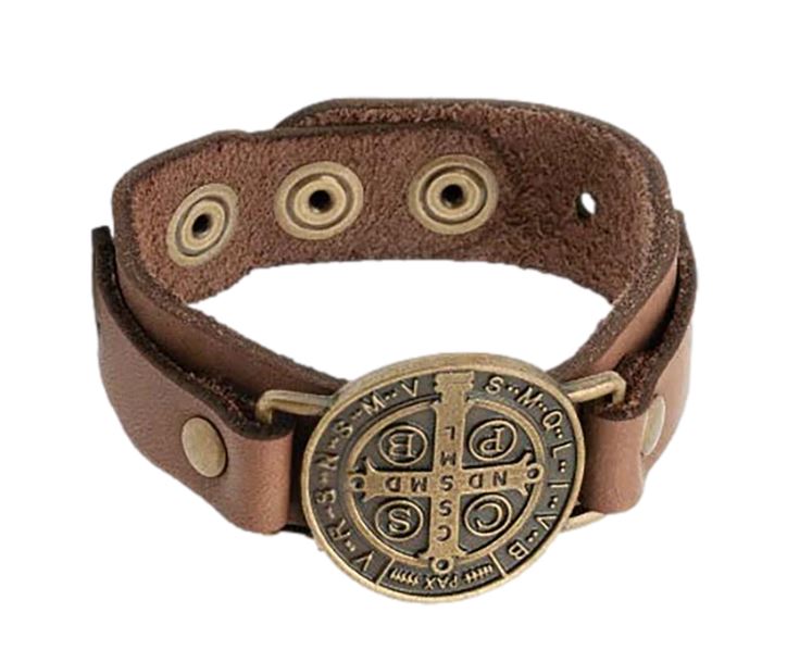 Men's Bracelet St. Benedict Gold Medal and Leather